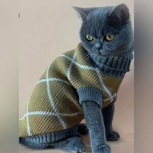 🐾 NEW Khaki Argyle Pet Sweater – XS/S – Cozy Knit for Cats & Small Dogs